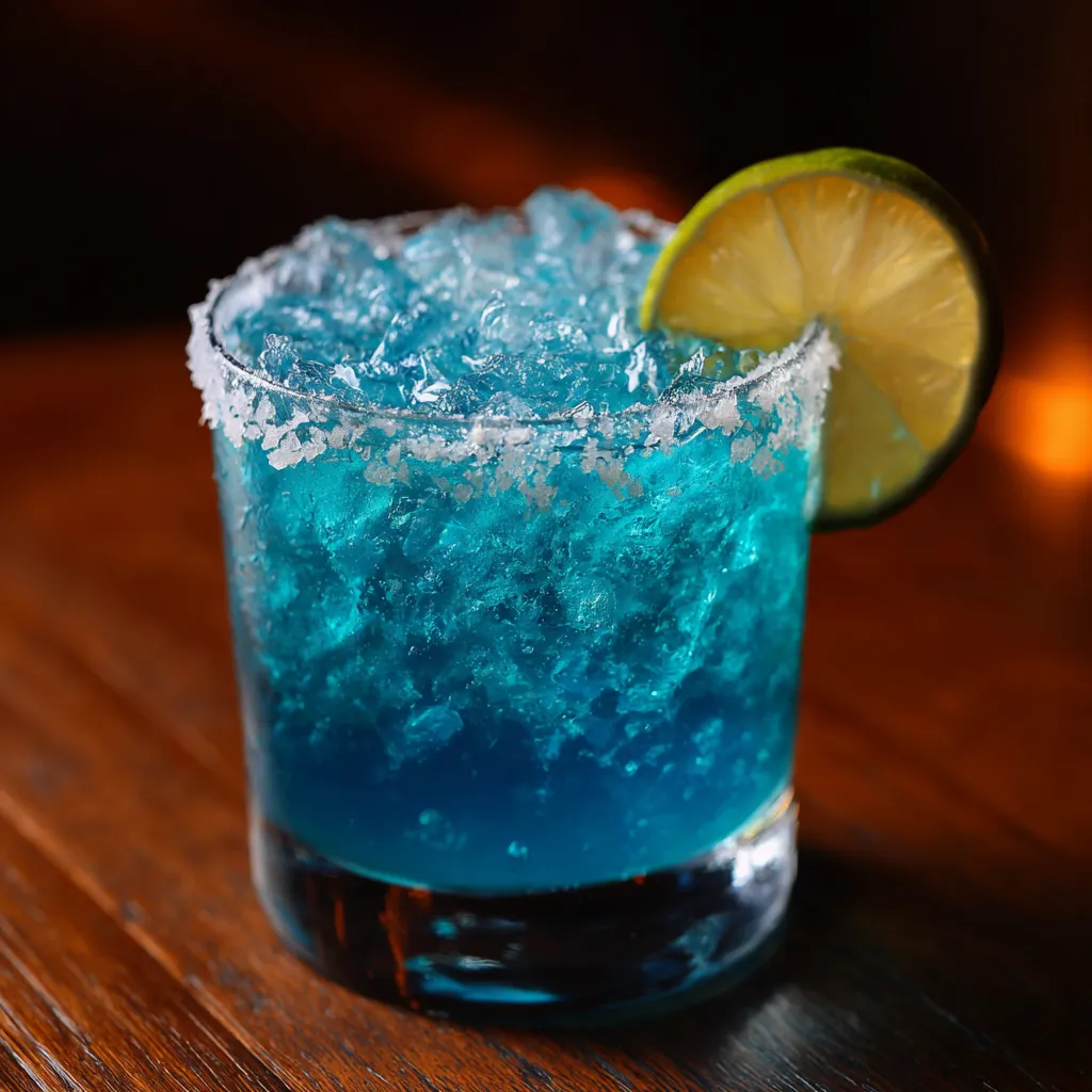 Blue Margarita cocktail in a glass with a lime wedge and blueberries, garnished with a salt rim, served on a summer night