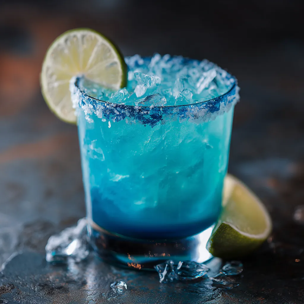 Blue Margarita cocktail in a glass with a lime wedge and blueberries, garnished with a salt rim, served on a summer night