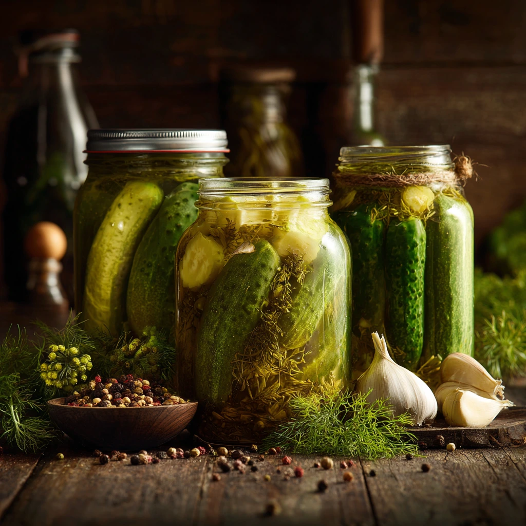 Homemade canned dill pickles in glass jars with fresh garlic and dill sprigs