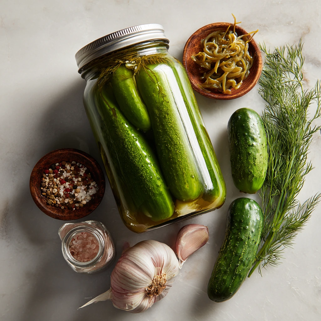 Homemade canned dill pickles in glass jars with fresh garlic and dill sprigs