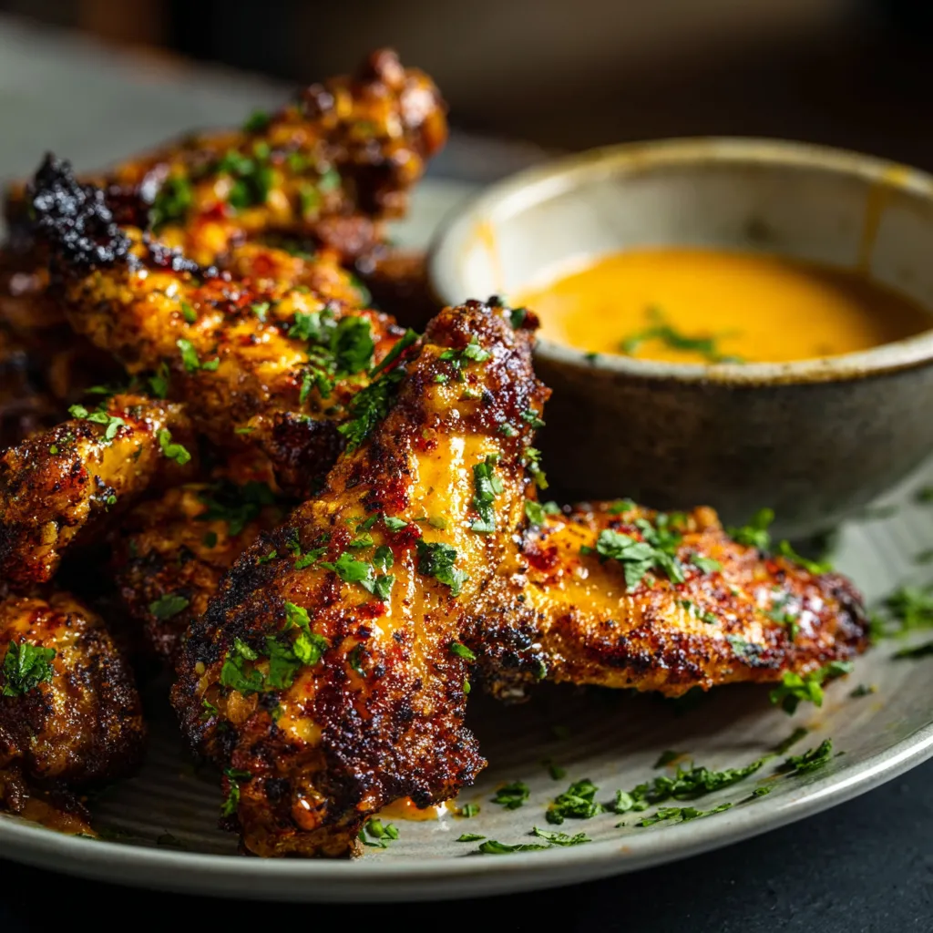 Spicy Cowboy Butter Chicken Wings served on a rustic wooden platter, garnished with fresh herbs.