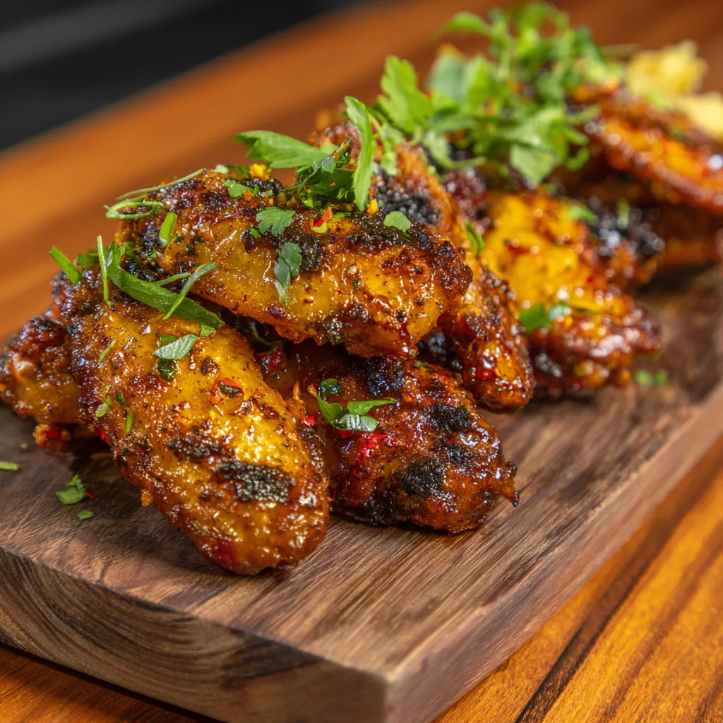 Spicy Cowboy Butter Chicken Wings served on a rustic wooden platter, garnished with fresh herbs.