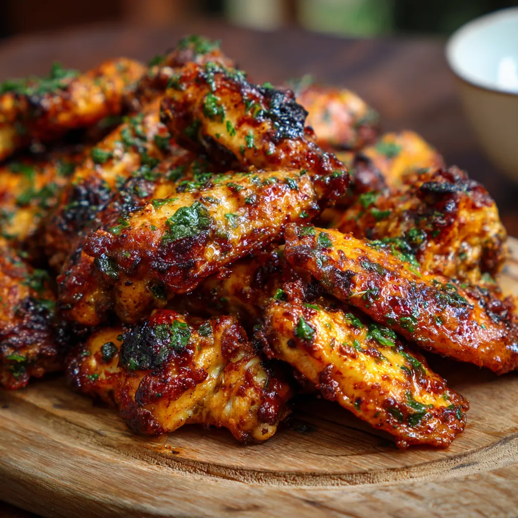 Spicy Cowboy Butter Chicken Wings served on a rustic wooden platter, garnished with fresh herbs.