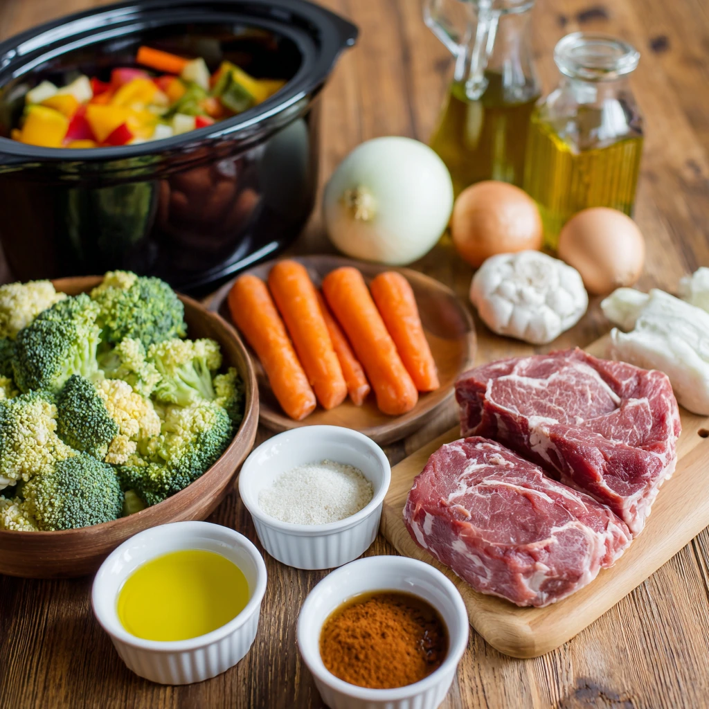 Low-carb keto slow cooker recipe with healthy vegetables and tender meat in a crockpot.
