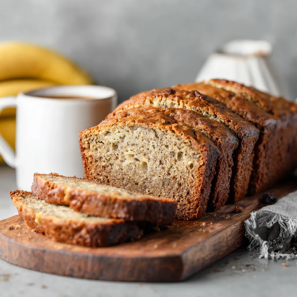 Moist homemade Starbucks banana bread with walnuts on a wooden board.