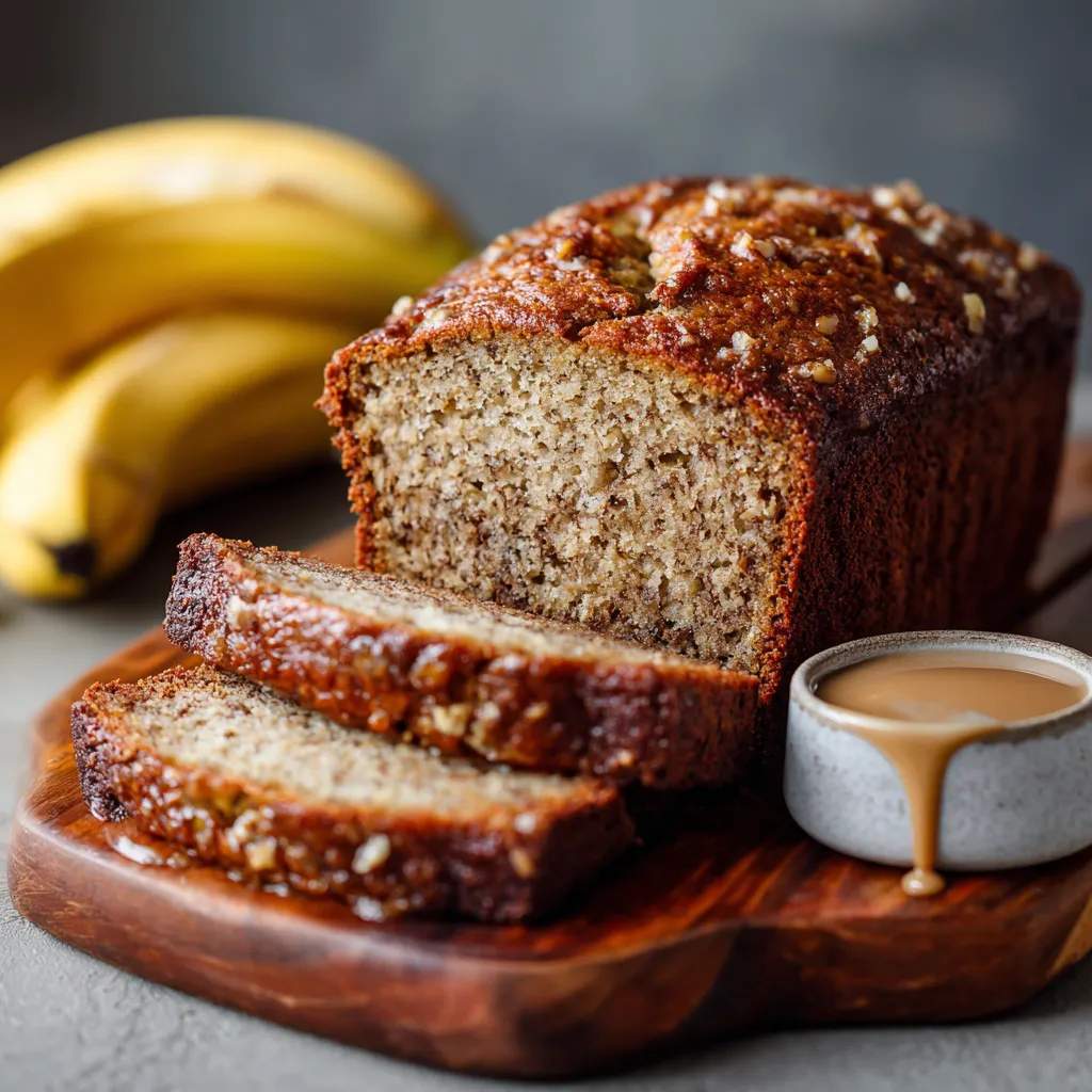 Moist homemade Starbucks banana bread with walnuts on a wooden board.