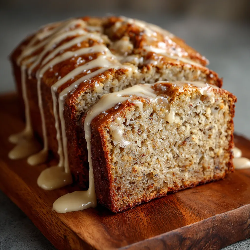 Moist homemade Starbucks banana bread with walnuts on a wooden board.