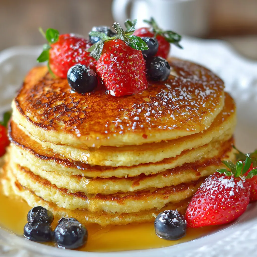 No Milk Needed
Stack of fluffy golden pancakes without milk topped with maple syrup and fresh berries