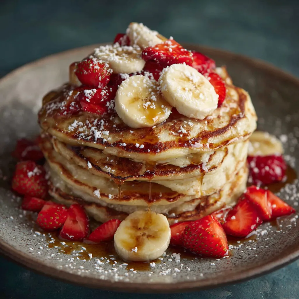 No Milk Needed
Stack of fluffy golden pancakes without milk topped with maple syrup and fresh berries