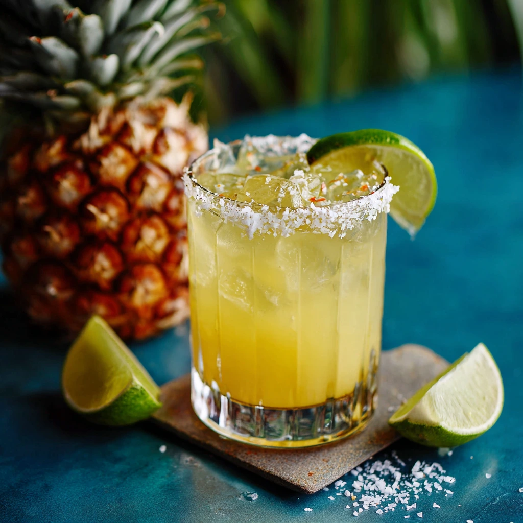 A refreshing pineapple margarita served in a salt-rimmed glass with fresh pineapple slices and a lime wedge.