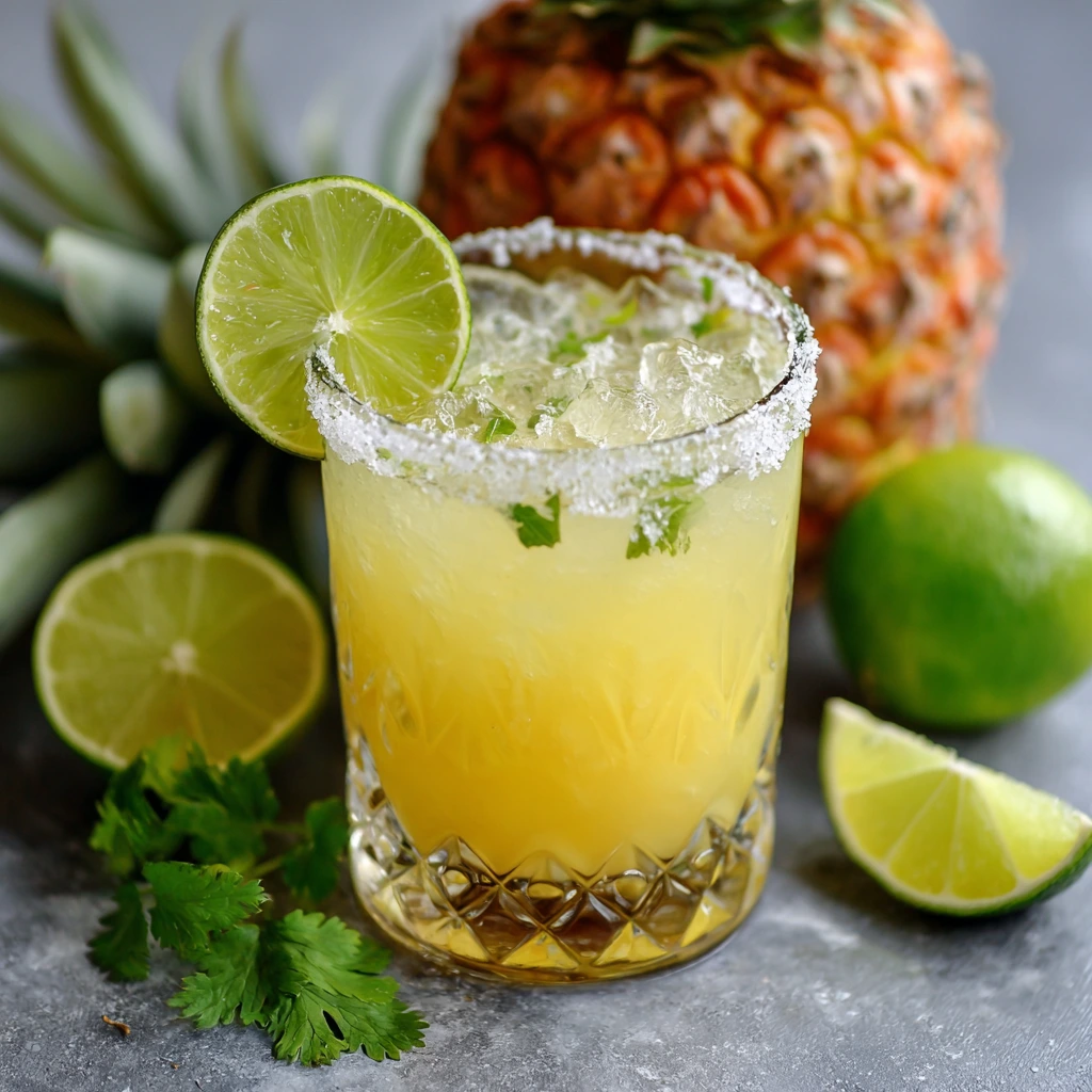 A refreshing pineapple margarita served in a salt-rimmed glass with fresh pineapple slices and a lime wedge.