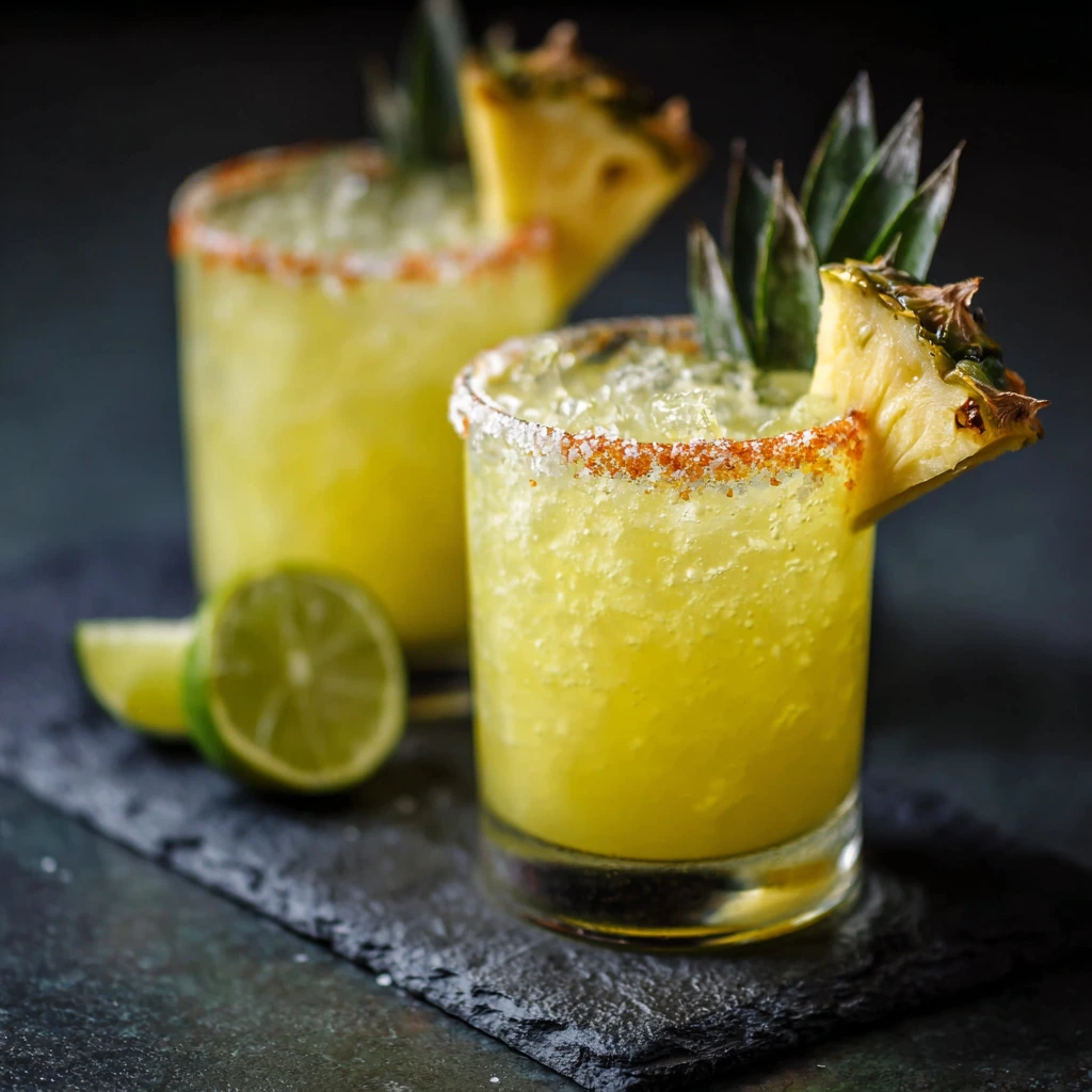 A refreshing pineapple margarita served in a salt-rimmed glass with fresh pineapple slices and a lime wedge.