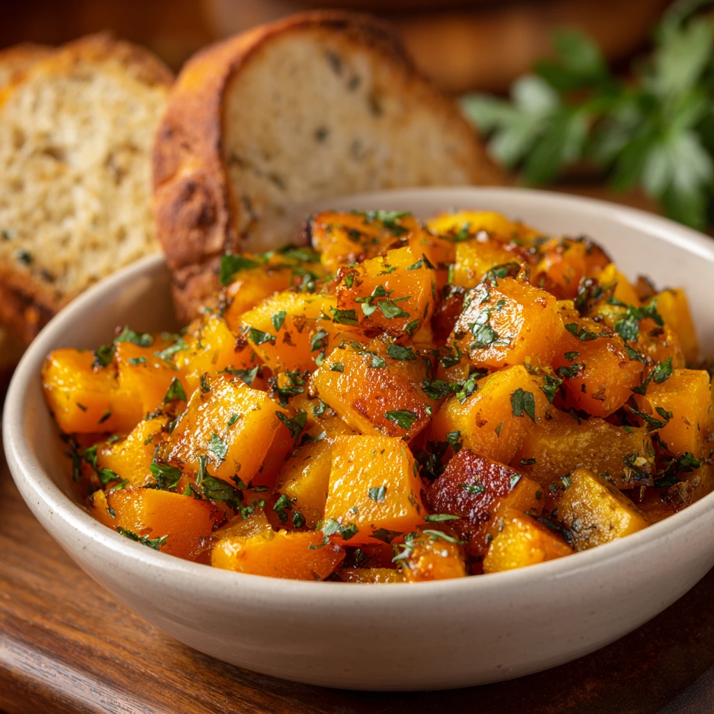 Bowl of perfectly roasted butternut squash cubes with crispy edges and caramelized color