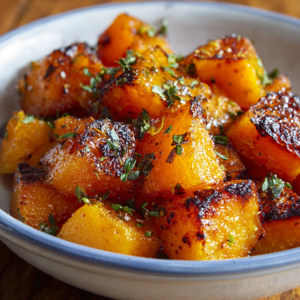Bowl of perfectly roasted butternut squash cubes with crispy edges and caramelized color