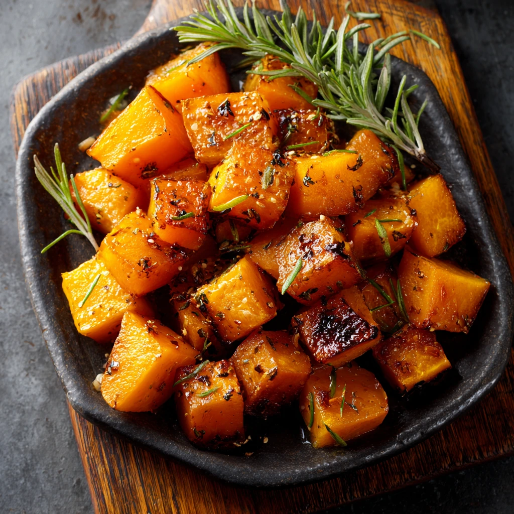 Bowl of perfectly roasted butternut squash cubes with crispy edges and caramelized color