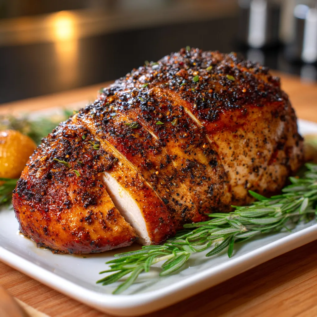 Smoked turkey breast on a platter garnished with fresh herbs, perfect for a holiday meal