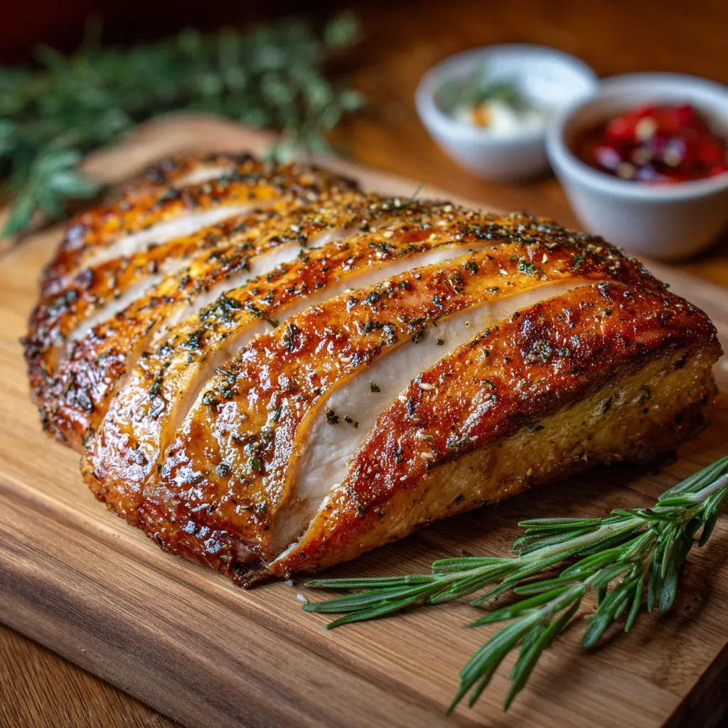 Smoked turkey breast on a platter garnished with fresh herbs, perfect for a holiday meal