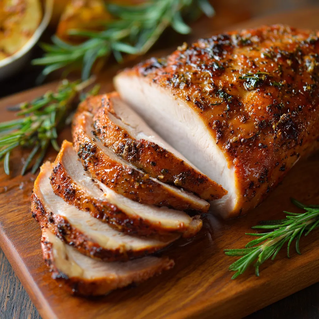 Smoked turkey breast on a platter garnished with fresh herbs, perfect for a holiday meal