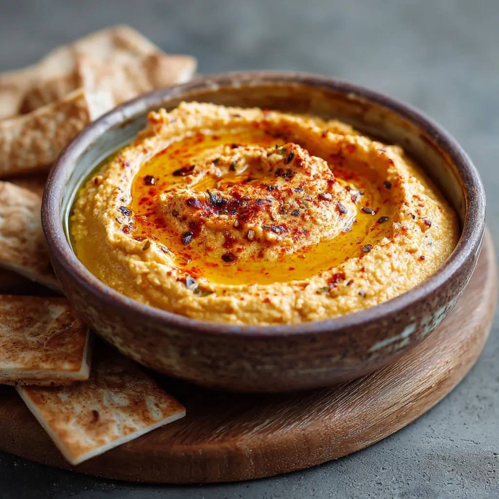Bowl of creamy tahini-free hummus garnished with olive oil and paprika, served with fresh vegetables and pita bread