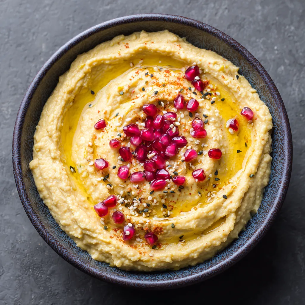 Bowl of creamy tahini-free hummus garnished with olive oil and paprika, served with fresh vegetables and pita bread