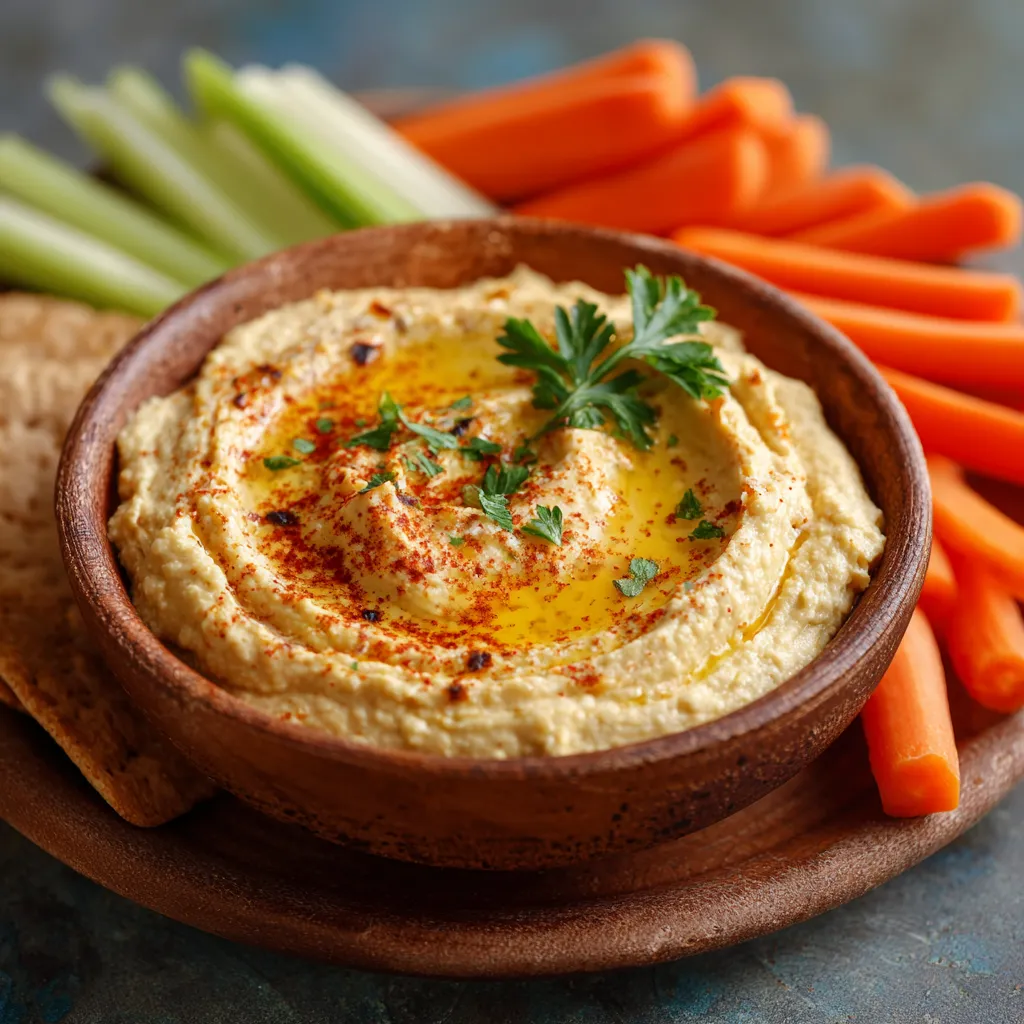 Bowl of creamy tahini-free hummus garnished with olive oil and paprika, served with fresh vegetables and pita bread