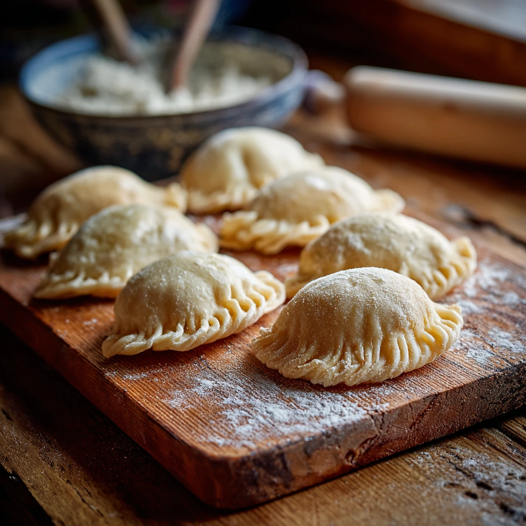 Traditional pierogi dough ingredients and preparation process, showcasing flour, eggs, and water