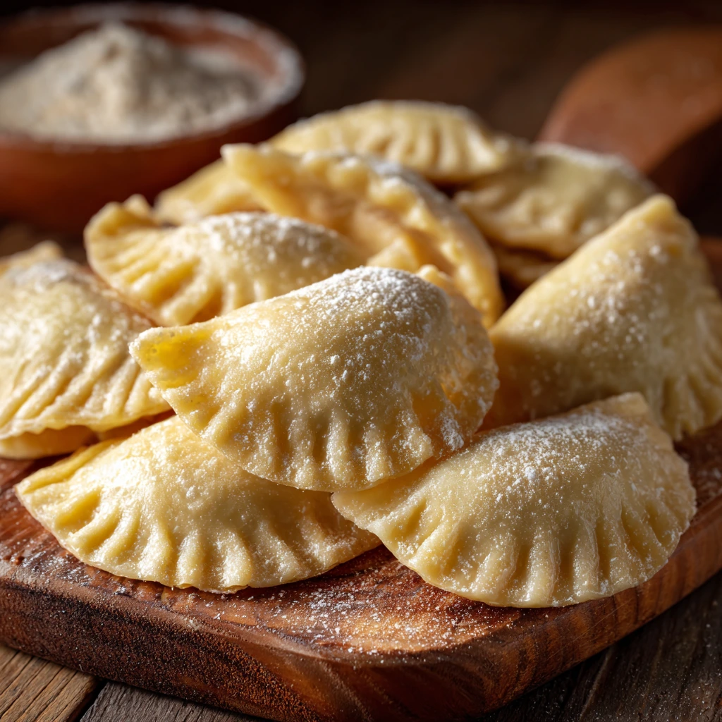 Traditional pierogi dough ingredients and preparation process, showcasing flour, eggs, and water.