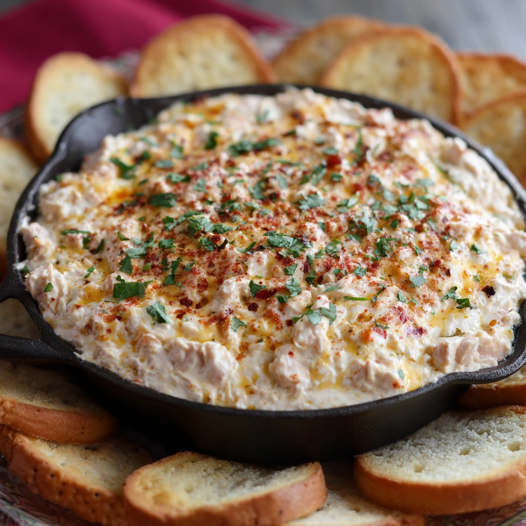Ultimate Boat Dip served with tortilla chips, garnished with bacon, jalapeños, and green onions.