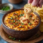 Ultimate Boat Dip served with tortilla chips, garnished with bacon, jalapeños, and green onions.