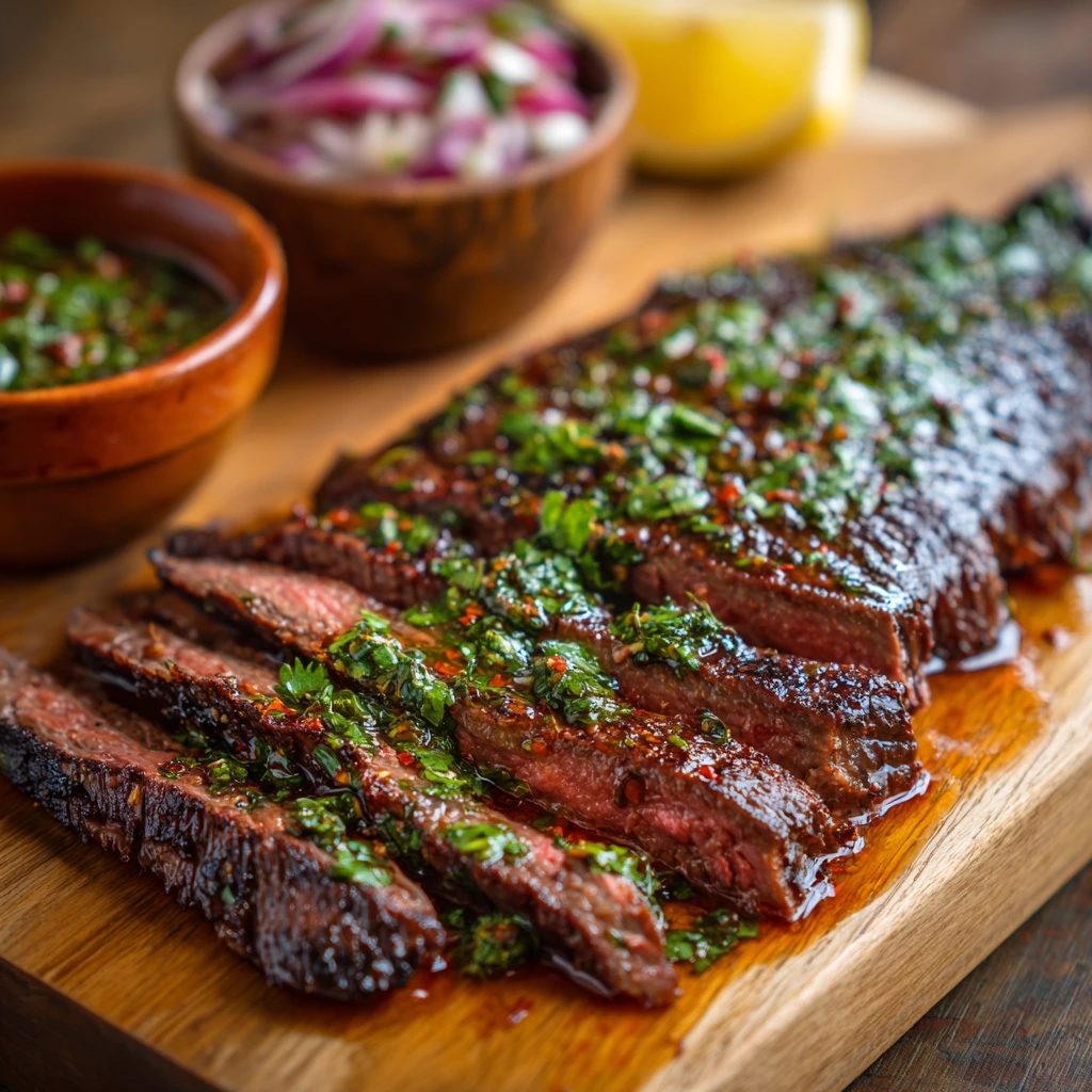 Flank steak marinated in classic, spicy, and Asian-inspired sauces ready for grilling