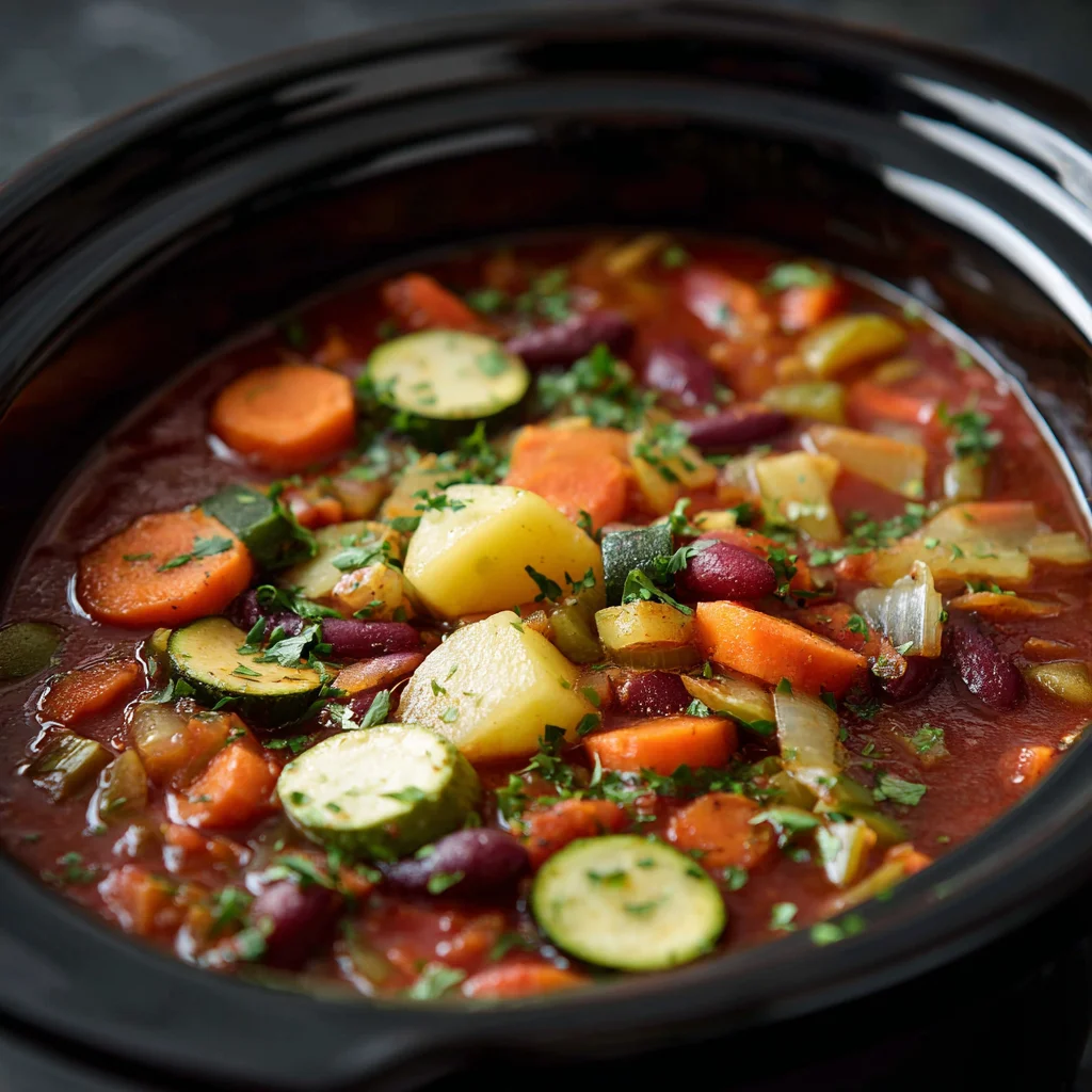 Vegan crockpot stew with vegetables served in a bowl
