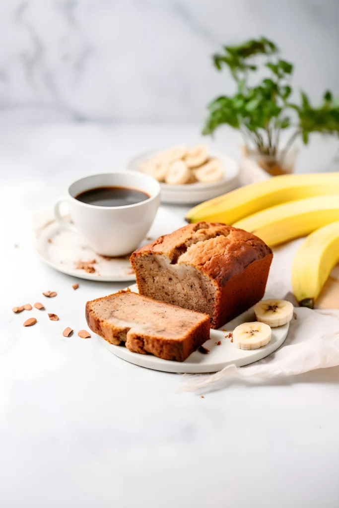 Moist homemade Starbucks banana bread with walnuts on a wooden board.