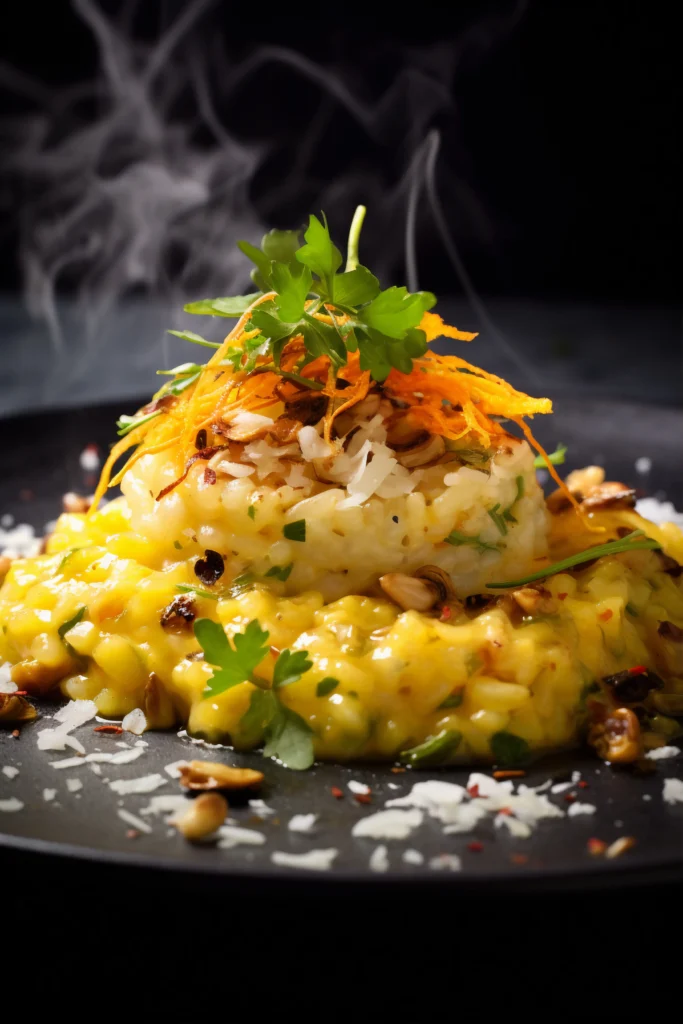 Delicious bowl of comforting cheesy rice topped with fresh parsley