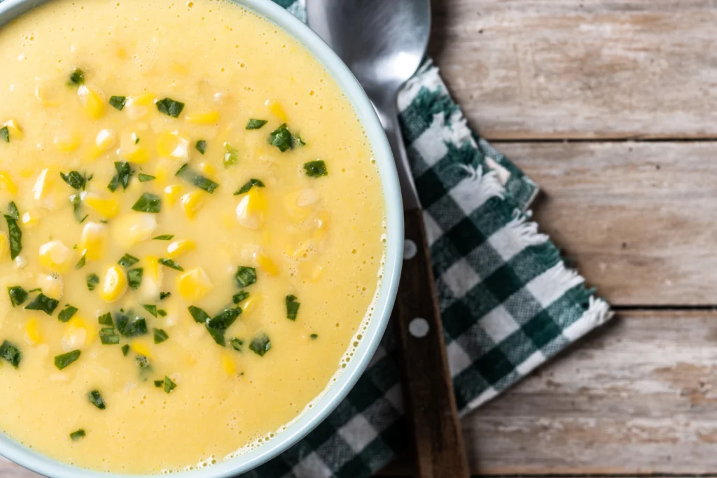 Warm bowl of Old-Fashioned Potato Soup with crispy bacon, cheese, and fresh herbs on top.
