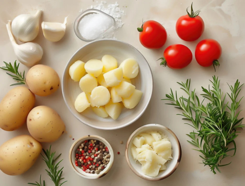 Warm bowl of Old-Fashioned Potato Soup with crispy bacon, cheese, and fresh herbs on top.