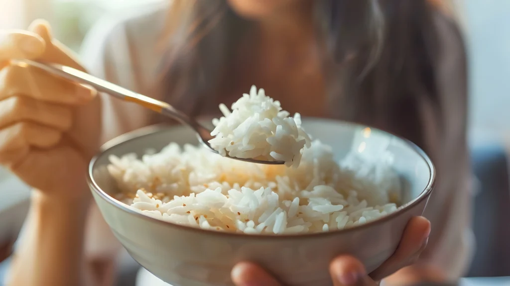 Fluffy jasmine rice served in a white bowl with steam rising, showing perfect soft grains.