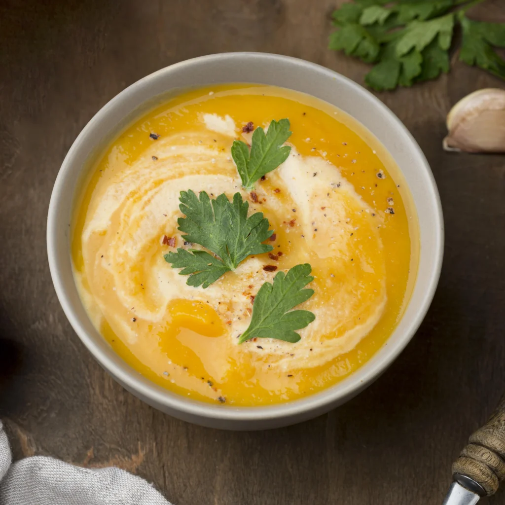 Warm bowl of Old-Fashioned Potato Soup with crispy bacon, cheese, and fresh herbs on top.