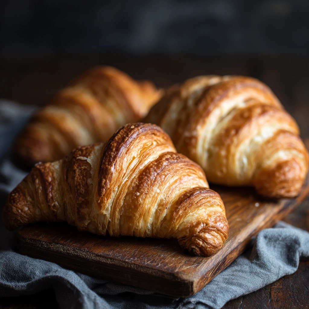 Freshly baked French croissants with golden, flaky layers on a wooden board.