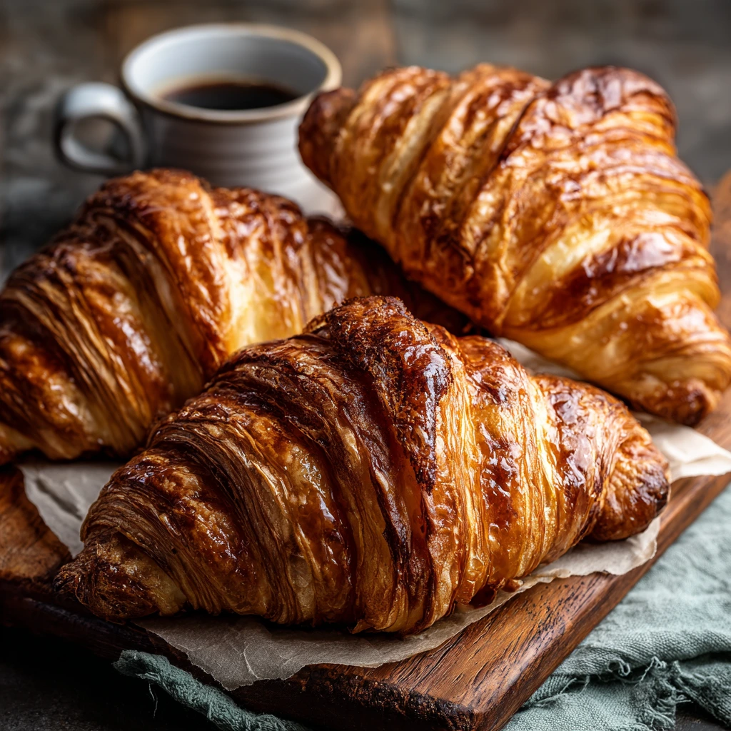 Freshly baked French croissants with golden, flaky layers on a wooden board.