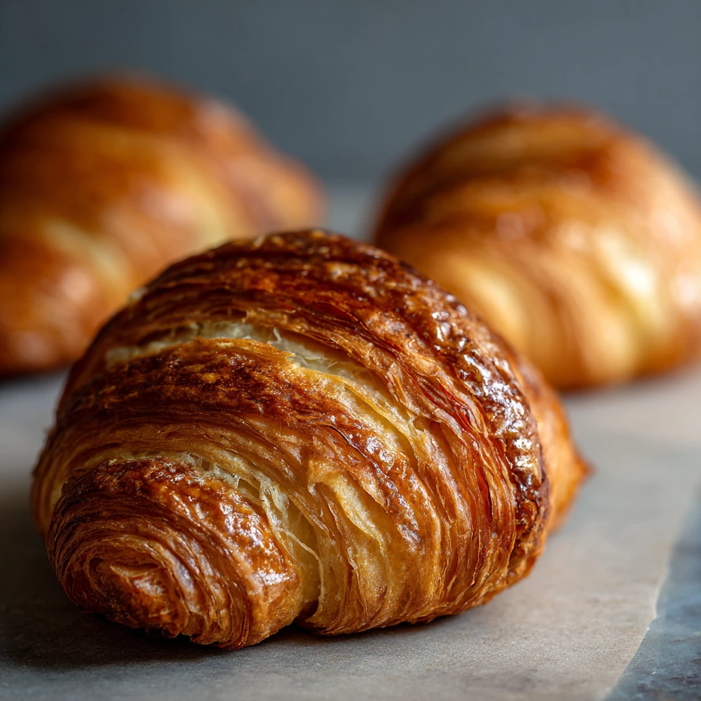 Freshly baked French croissants with golden, flaky layers on a wooden board.