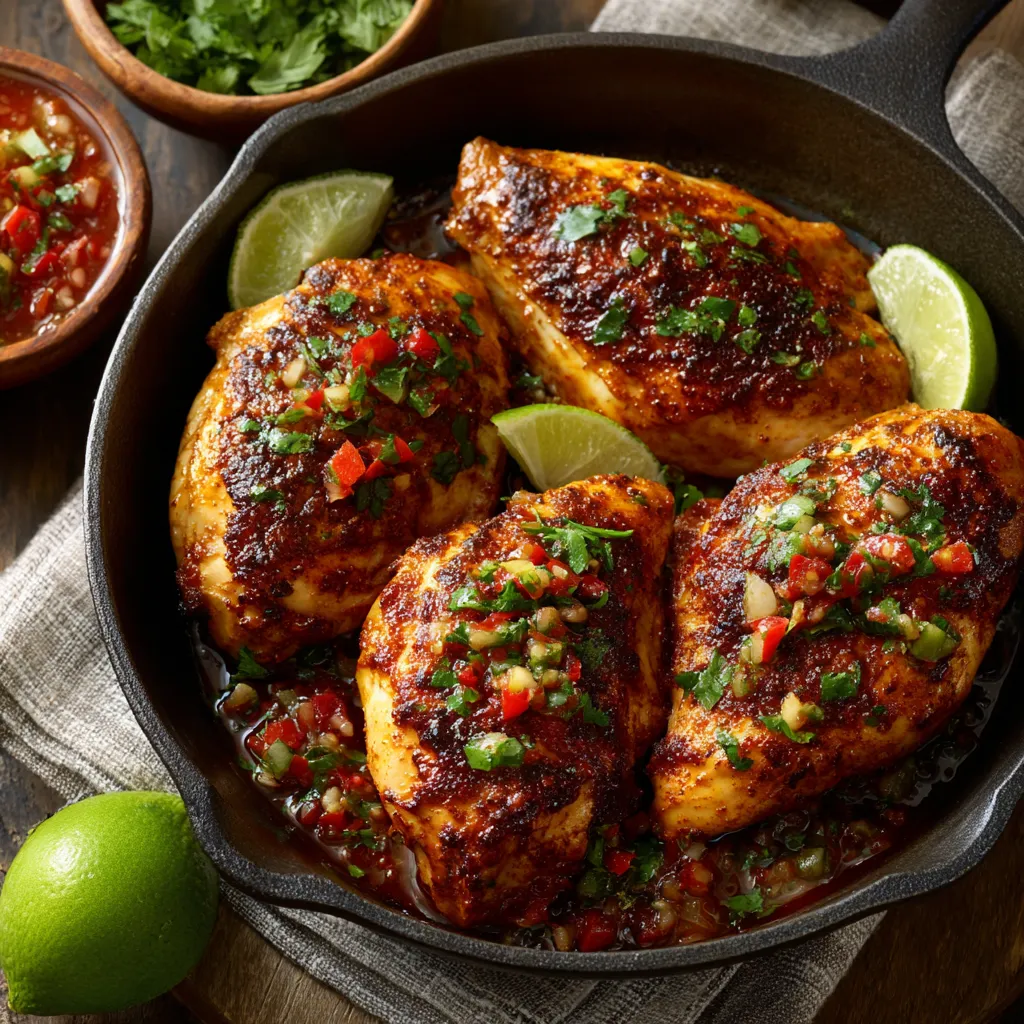Baked chipotle chicken served with roasted vegetables on a white plate