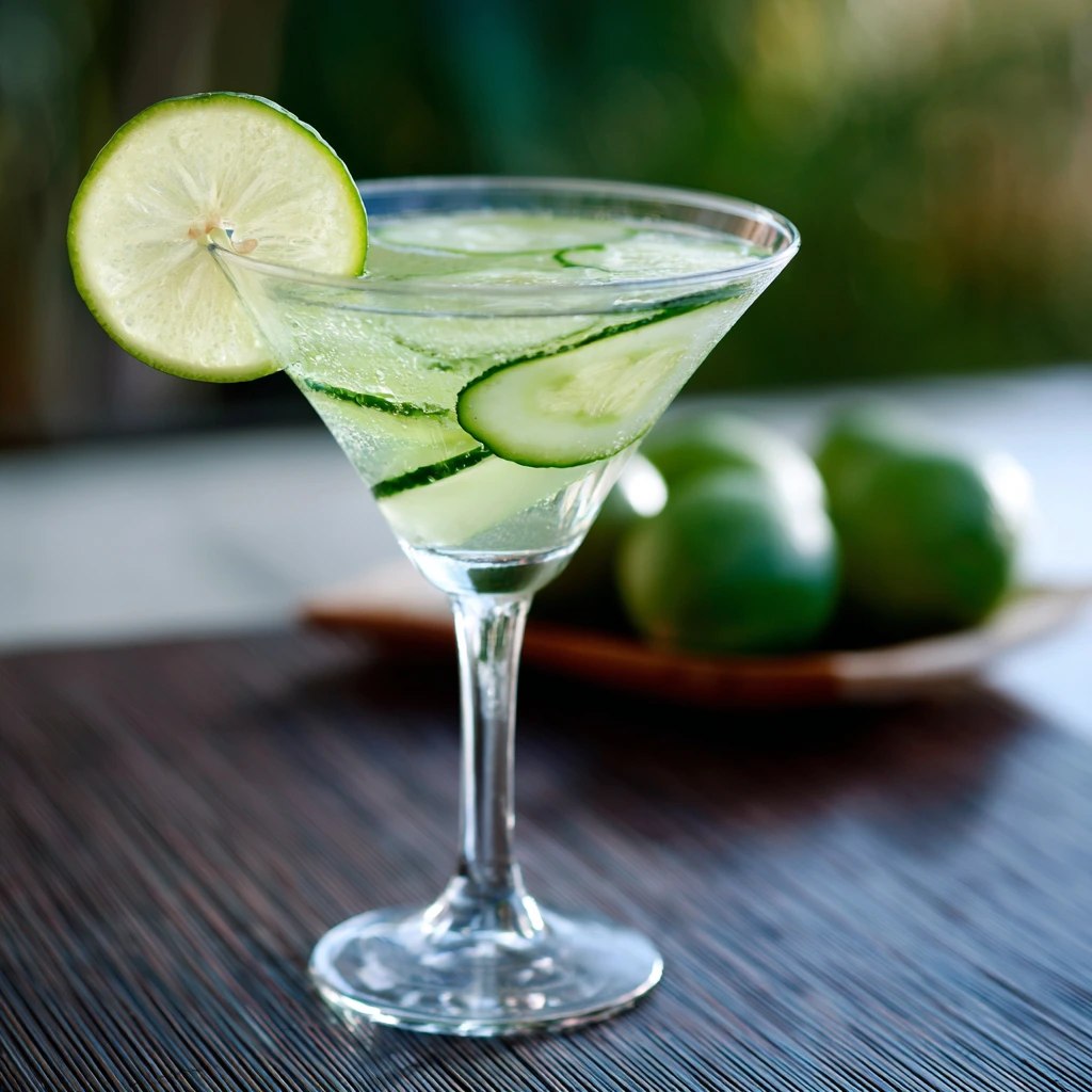 Cucumber martini cocktail with fresh cucumber slices and lemon garnish in a martini glass