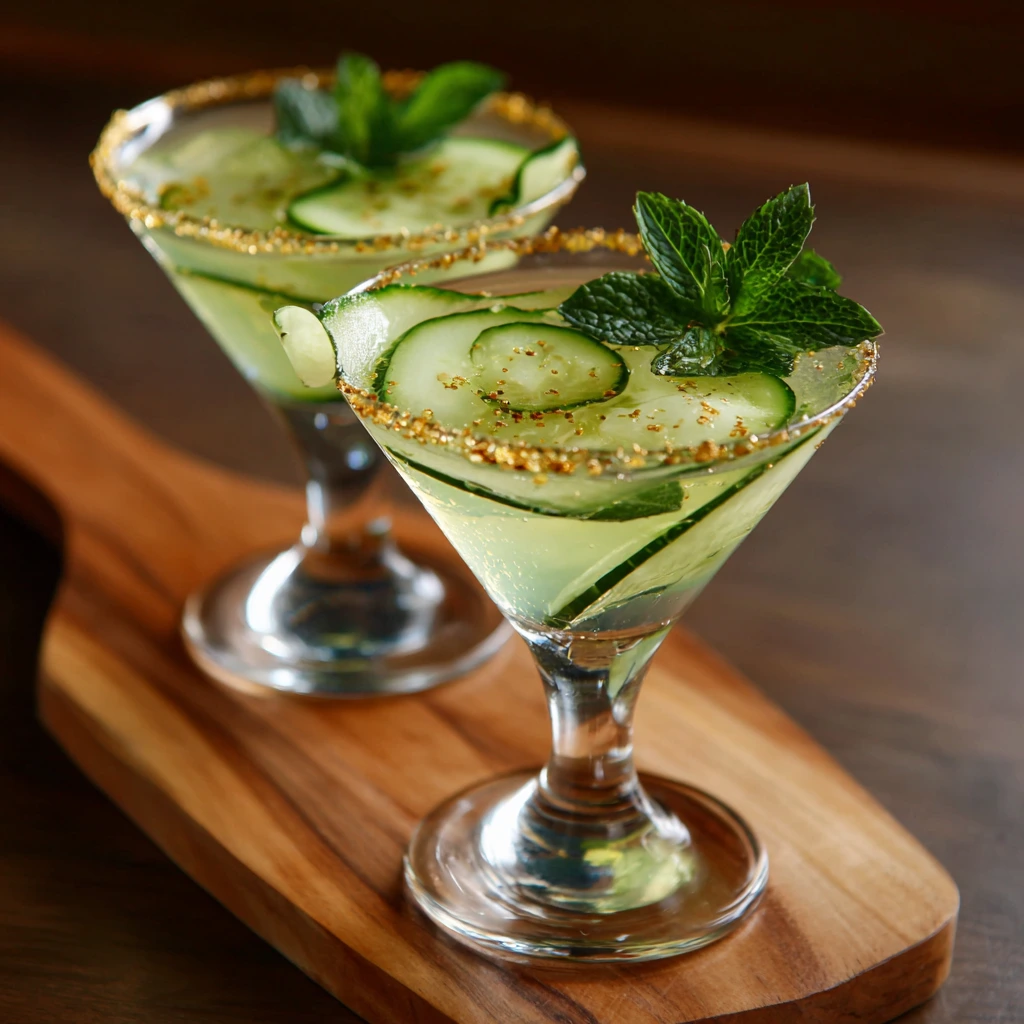 Cucumber martini cocktail with fresh cucumber slices and lemon garnish in a martini glass
