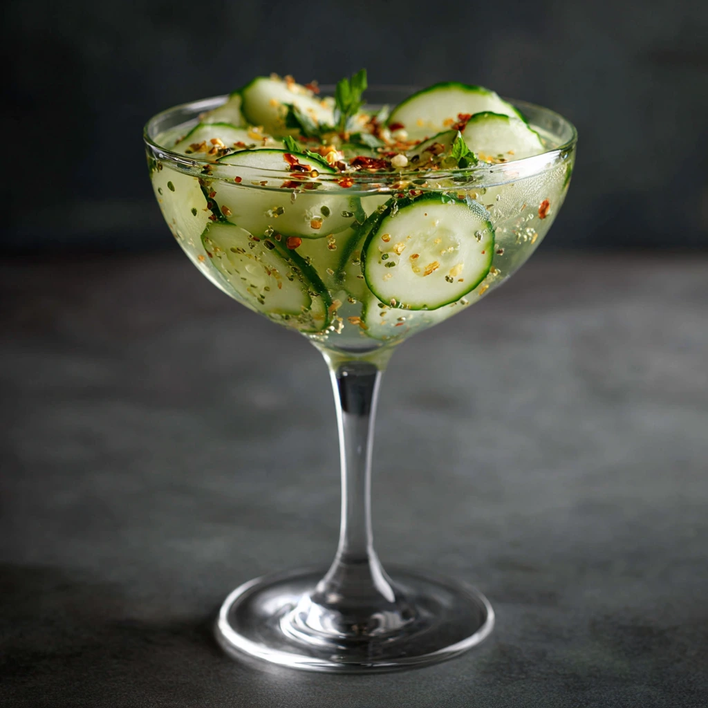 Cucumber martini cocktail with fresh cucumber slices and lemon garnish in a martini glass