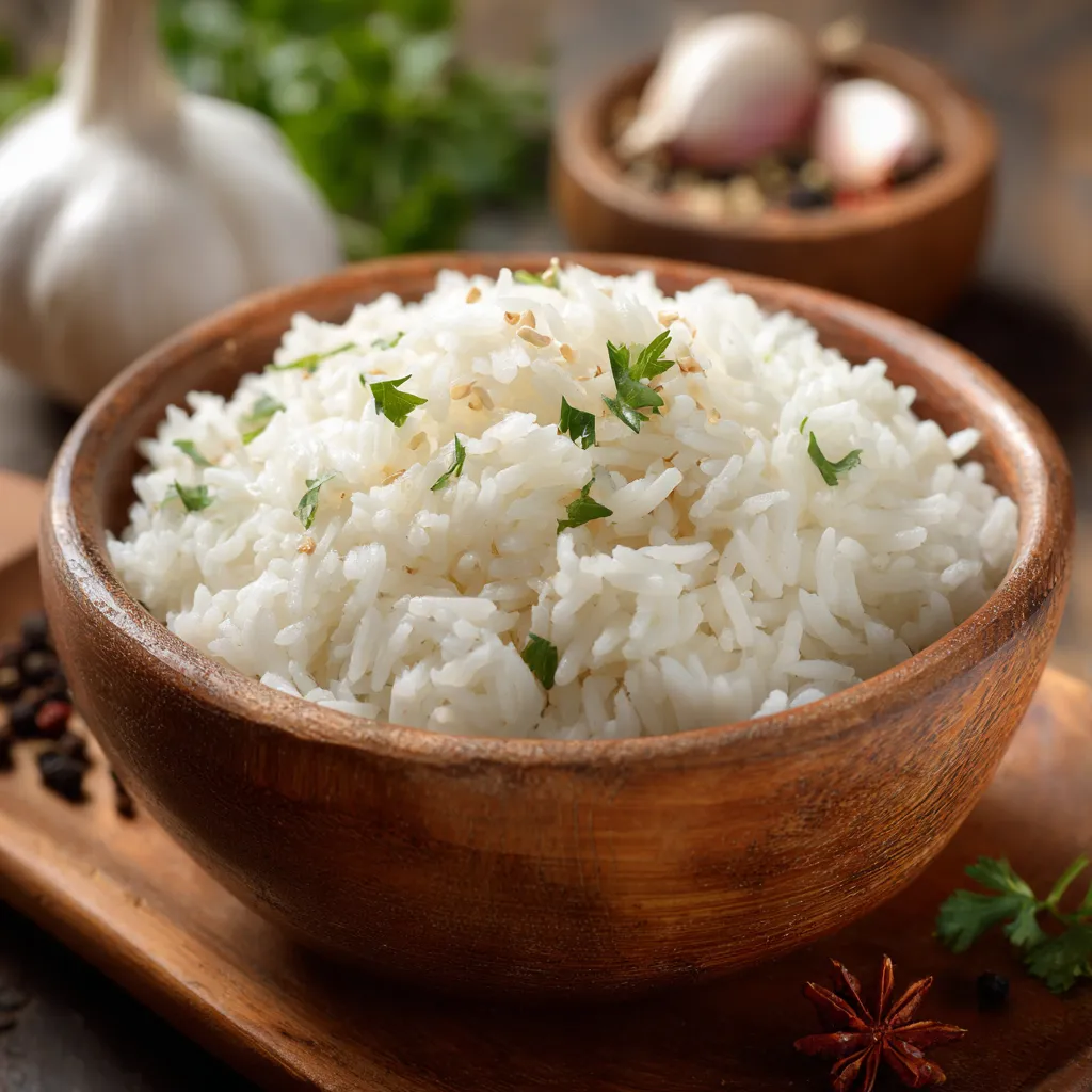Fluffy jasmine rice served in a white bowl with steam rising, showing perfect soft grains.