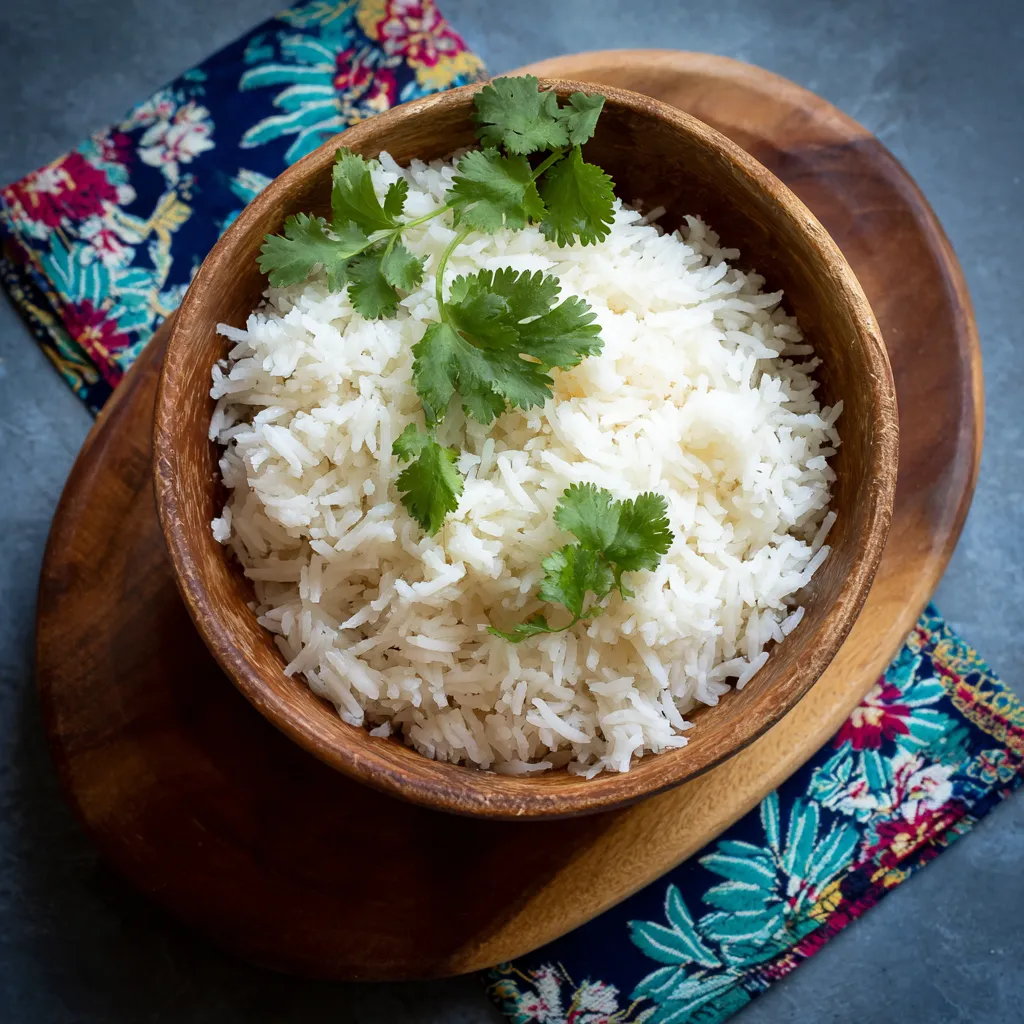 Fluffy jasmine rice served in a white bowl with steam rising, showing perfect soft grains.