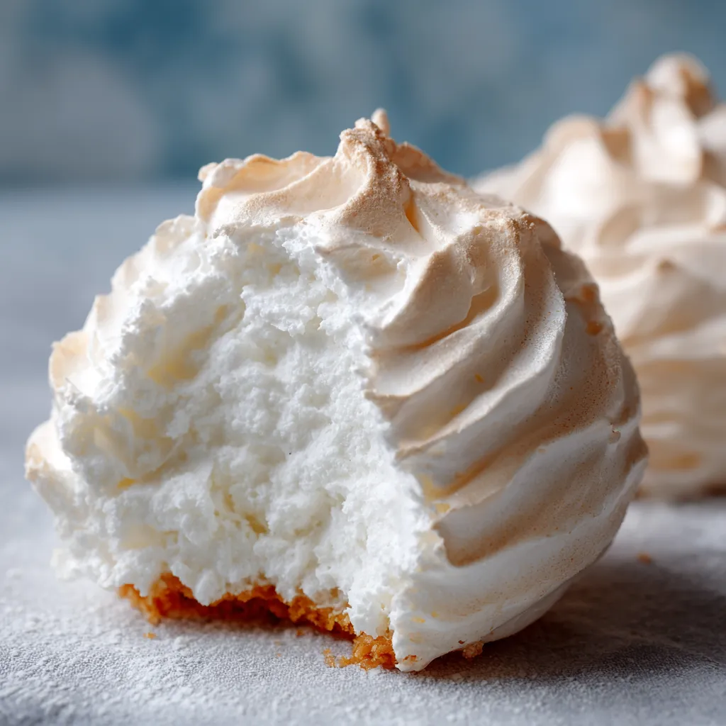 Whisk lifting glossy fluffy meringue peaks made at home in a glass bowl