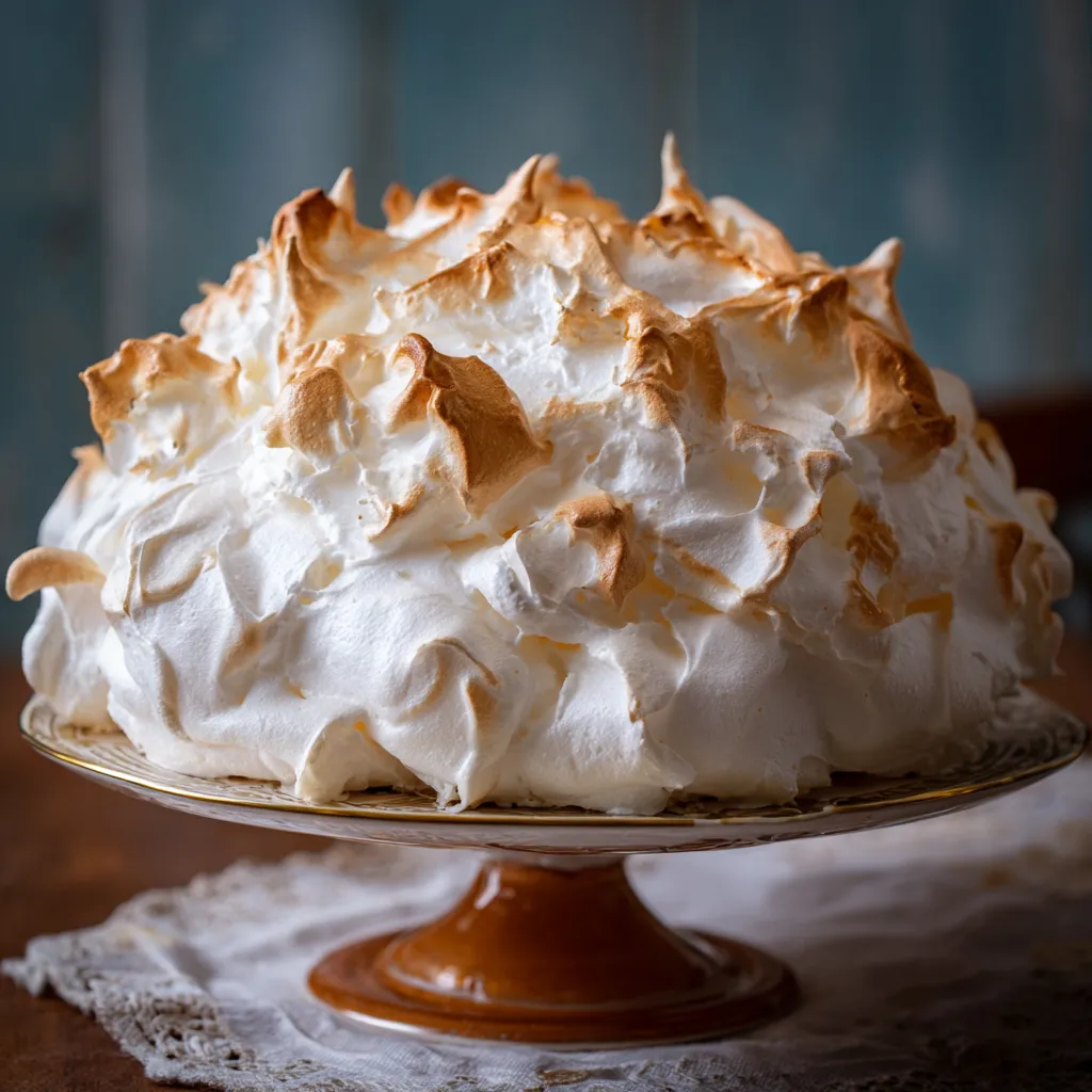 Whisk lifting glossy fluffy meringue peaks made at home in a glass bowl
