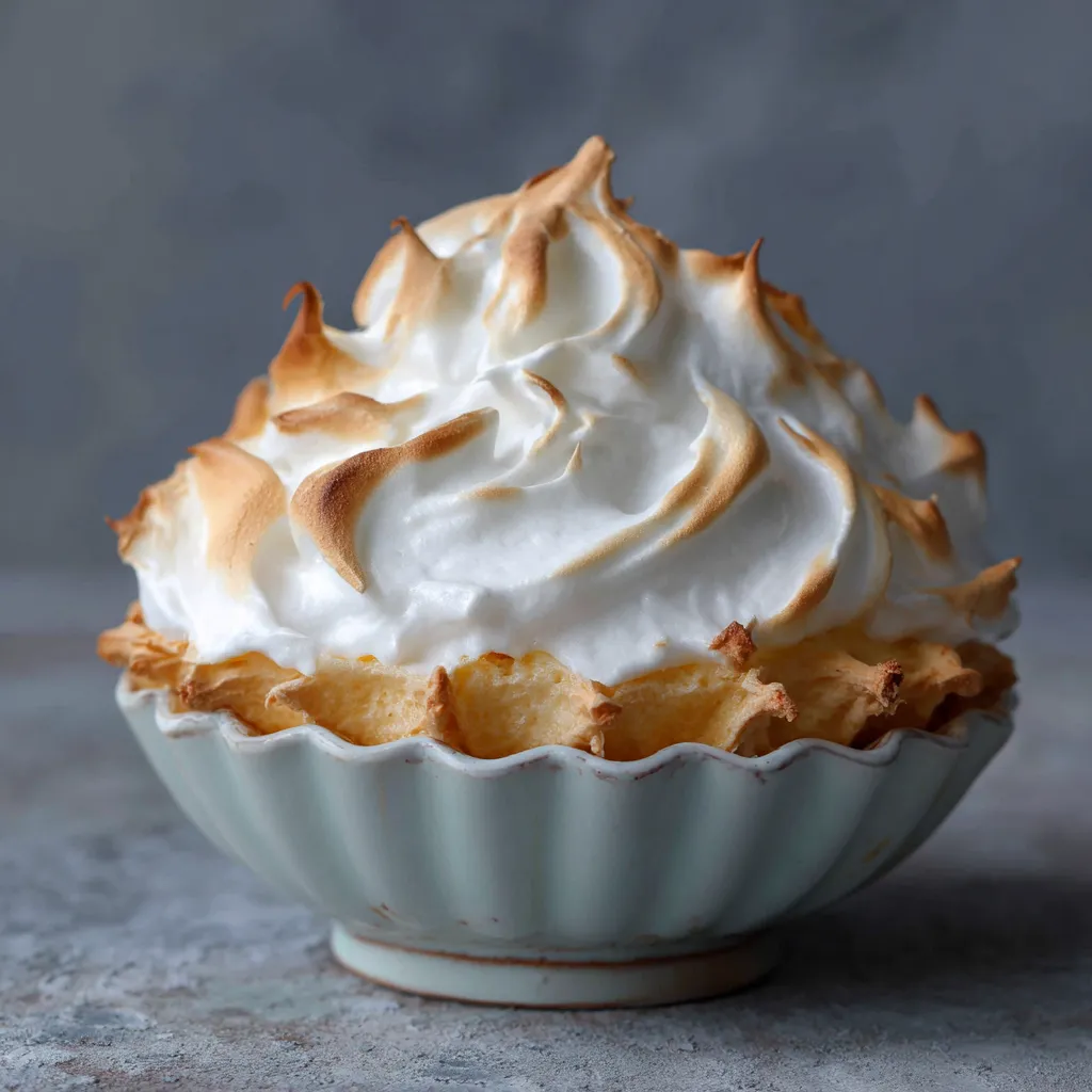 Whisk lifting glossy fluffy meringue peaks made at home in a glass bowl