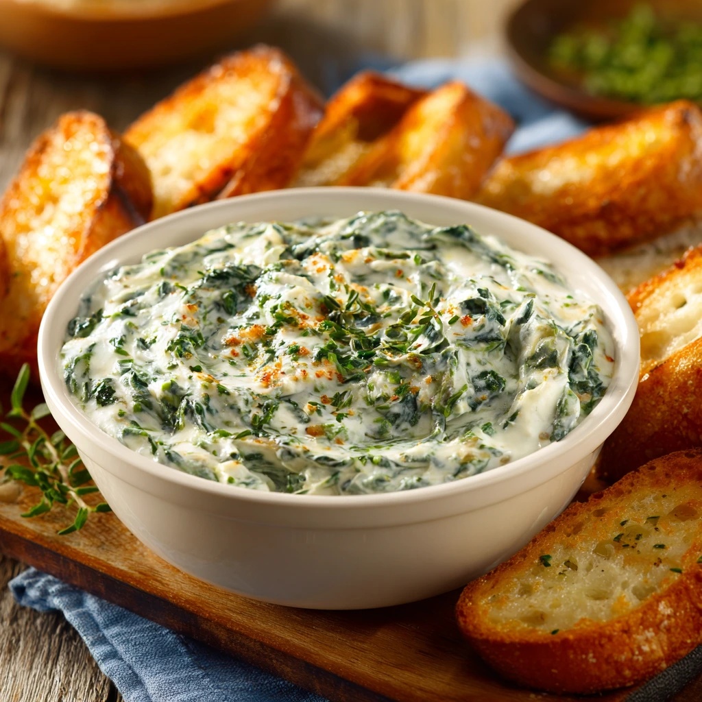 Creamy Knorr Spinach Dip served in a bread bowl with fresh vegetables and crackers